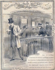 1789: Declaración de los derechos del hombre y del ciudadano: Obligación y proporcionalidad del impuesto. Grabado en "El libro único de moral e instrucción cívica, destinado a los alumnos de los tres cursos de la Escuela primaria y a los de las clases prim de G. Dascher