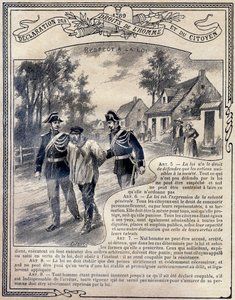 1789: Declaración de los derechos del hombre y del ciudadano: Respeto a la ley. Grabado en "El libro único de moral e instrucción cívica, destinado a los alumnos de los tres cursos de la Escuela primaria y a los de las clases primarias de los Liceos y Cole de G. Dascher