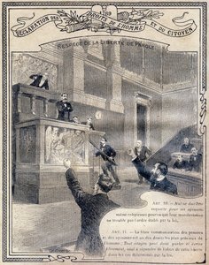 1789: Declaración de los derechos del hombre y del ciudadano: Respeto a la libertad de expresión. Grabado en "El libro único de moral e instrucción cívica, destinado a los alumnos de los tres cursos de la Escuela primaria y a los de las clases primarias de de G. Dascher