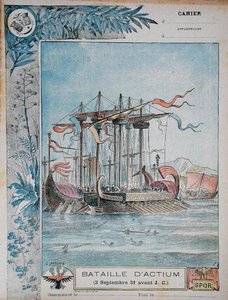 Portada de cuaderno escolar que ilustra la Batalla de Actium, 2 de septiembre del 31 a.C., c.1900 de G. Dascher