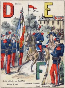 Letras D E F: Bandera, Escuela Militar de Saint-Cyr (Saint Cyr), Alumnos a pie, Escuadrón de caballería, Fusil y Infante, c.1900 (litografía)