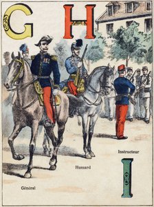 Letras G H I: General, Húsar e Instructor. Grabado en "Alphabet militaire", serie Grand-Bebe. Grabado. Imágenes de Pont-a-Mousson. Louis Vagne, Impresor-Editor, circa 1900. Ilustraciones de G. Dascher. 20 páginas. Dim: 31,5x24,5cm de G. Dascher