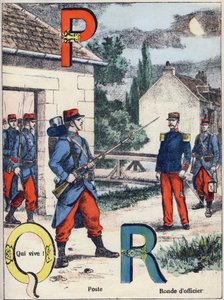 Letras P Q y R: Posta, ¡Quién vive! y Ronda del Oficial. Grabado en "Alfabeto militar", serie Grand-Bebe. Grabado. Imágenes de Pont-a-Mousson. Louis Vagne, Impresor-Editor, circa 1900. Ilustraciones de G. Dascher. 20 páginas. Dim: 31,5x24,5cm de G. Dascher