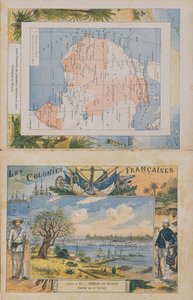 Mapa de posesiones francesas y esferas de influencia en África y una vista del río Senegal, portada de un cuaderno escolar, finales del siglo XIX