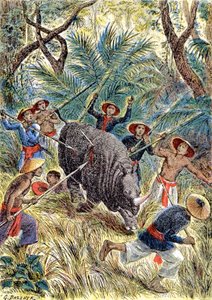 Caza de rinocerontes, Indochina francesa, c.1900 (ilustración)