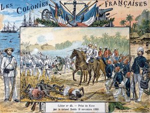 El sitio de Kana por el general Alfred-Amédée Dodds, 6 de noviembre de 1892, grabado por L. Geisler de G. Dascher