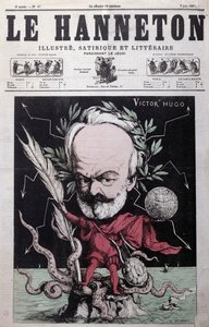 Caricatura de Victor Hugo (1802-85) como Zeus en el exilio en Guernsey de la portada de Le Hanneton, junio de 1867 de G. Deloyoti