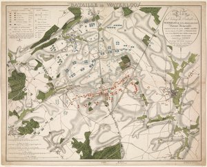 Kaart van de Slag bij Waterloo, 1815 Batalla de Waterloo / Plano del Campo de Batalla de Waterloo llamado Belle-Alliance. Victoria memorable ganada el 18 de junio de 1815 por los ejércitos aliados (...) (título sobre objeto) de G. Jacowick