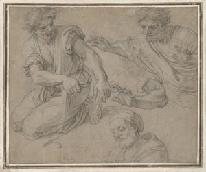 Estudios de un hombre arrodillado, semifigura, brazo y busto de G. Ladan