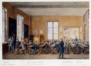Un aula de la Institución Caillet, rue de la Cite, París, 1845. Acuarela de G. Remy