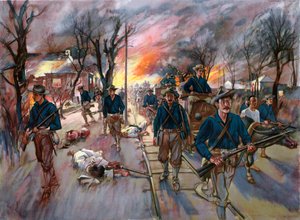 El tren de municiones y las reservas del Vigésimo Voluntarios de Kansas, Coronel Frederick Funston, marchando por Caloocan en la noche después de la batalla del 10 de febrero de G. W. Peters