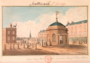 Gran Camino de Dover y vista distante de la Iglesia de San Jorge, Southwark, Londres, 1825 de G Yates