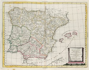 España antigua dividida en tres áreas distintas, a saber Terraconensis, Lusitania y Bética y también dividida en pueblos, grabado por G. Zuliani del "Atlas Más Nuevo" publicado en Venecia en 1785 por Antonio Zatta, Colección Privada