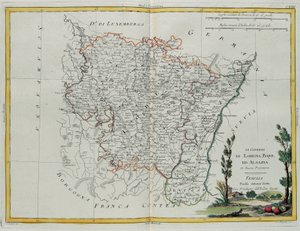 Gobernaciones de Lorena, Barr y Alsacia, grabado por G. Zuliani tomado del Tomo I del "Atlas Más Nuevo" publicado en Venecia por Antonio Zatta, Colección Privada de G. Zuliani
