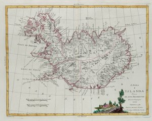 Islandia dividida en sus distritos, grabado por G. Zuliani tomado del Tomo III del "Atlas Más Nuevo" publicado en Venecia en 1781 por Antonio Zatta, Colección Privada de G. Zuliani