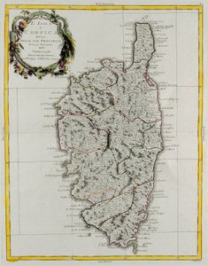 Isla de Córcega dividida en sus provincias, grabado por G. Zuliani tomado del Tomo II del "Atlas Más Nuevo" publicado en Venecia en 1782 por Antonio Zatta, Colección Privada de G. Zuliani