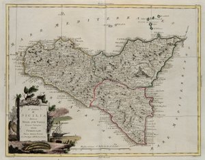 Isla de Sicilia, dividida en sus valles, grabado por G. Zuliani tomado del Tomo II del Nuevo Atlas publicado en Venecia en 1782 por Antonio Zatta, Colección Privada de G. Zuliani