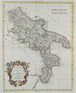 Reino de Nápoles dividido en sus provincias, grabado por G. Zuliani tomado del Tomo II del "Atlas Más Nuevo" publicado en Venecia en 1781 por Antonio Zatta, Colección Privada