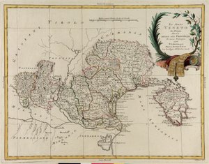 Área terrestre del Estado del Véneto, dividida en sus Provincias, grabado por G. Zuliani tomado del Tomo II del "Atlas Más Nuevo" publicado en Venecia en 1782 por Antonio Zatta, Colección Privada de G. Zuliani