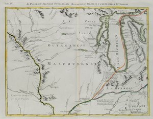Tierra de Outagamie, Mascoutin, indios de Illinois y parte de las Seis Naciones, grabado por G. Zuliani tomado del Tomo I del "Atlas más nuevo" publicado en Venecia en 1778 por Antonio Zatta, Colección Privada de G. Zuliani