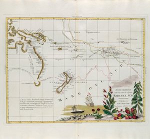Nuevos descubrimientos hechos en 1775, 67 y 69 en los Mares del Sur, grabado por G. Zuliani tomado del Tomo I del Nuevo Atlas publicado en Venecia en 1776 por Antonio Zatta, Colección Privada