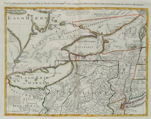 Pensilvania, Nueva York, sur de Nueva Jersey, con la parte occidental de Connecticut, Bahía de Massachusetts y Tierra de los Iroqueses, grabado por G. Zuliani tomado del Tomo I del "Atlas más nuevo" publicado en Venecia en 1778 por Antonio Zatta, Colección