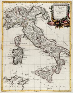 Mapa político de Italia, grabado por G. Zuliani tomado del Tomo II del "Atlas Más Nuevo" publicado en Venecia en 1782 por Antonio Zatta, Colección Privada de G. Zuliani