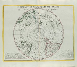 Hemisferio sur de la Tierra cortado en el ecuador, grabado por G. Zuliani tomado del Tomo I del Nuevo Atlas publicado en Venecia en 1779 por Antonio Zatta