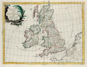 Las Islas Británicas en las que se encuentran Albion o Gran Bretaña e Ivernia o Pequeña Bretaña, grabado por G. Zuliani tomado del Tomo I del Nuevo Atlas publicado en Venecia en 1785 por Antonio Zatta