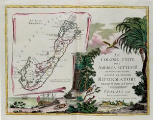 Las Islas de Bermudas y el frontispicio de la sección dedicada a las Colonias Unidas de América del Norte, grabado por G. Zuliani del "Atlas Más Nuevo" publicado en Venecia en 1778 por Antonio Zatta, Colección Privada de G. Zuliani
