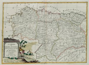 Los Reinos de Galicia, Asturias, León, Castilla Vieja con el Consejo de Vizcaya, grabado por G. Zuliani tomado del Tomo I del Nuevo Atlas publicado en Venecia en 1776 por Antonio Zatta, Colección Privada de G. Zuliani