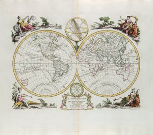 Mapa del mundo y una descripción general del globo, grabado por G. Zuliani tomado del Tomo I del Nuevo Atlas publicado en Venecia en 1774 por Antonio Zatta