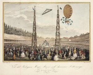 Vuelo del boloñés Muzio Muzzi (1809-46) en el dirigible Retirremiga, 1838 de G. after Meloni