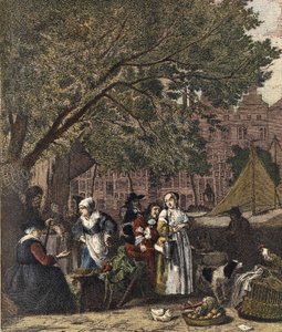 El mercado de hierbas de Ámsterdam. Grabado del siglo XIX después de la pintura de Gabriel Metsu (1629-1667). de Gabriel (after) Metsu