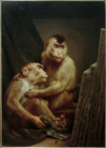 Monos mirando una pintura de Gabriel Cornelius Ritter von Max