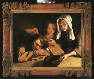 Un interior a la luz de las velas con figuras alrededor de una mesa de Gabriel Gresly
