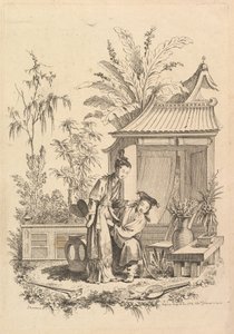 Escena de chinoiserie con figuras en un paisaje, siglo XVIII