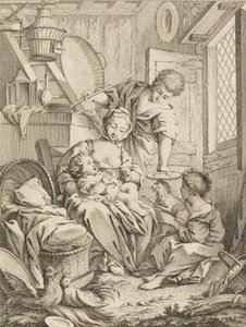 Placa 1: Joven Mujer Alimentando a su Bebé, del Premier Livre de Sujets et Pastorales Fi... de Gabriel Huquier