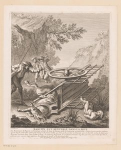 Ragotin valt van de wagen Ragotin es derribado en el barro (título sobre objeto) Escenas de Roman Comique van Scarron (título de la serie) de Gabriel Huquier