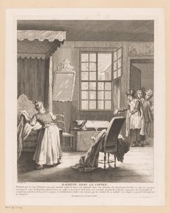 Slaapkamerinterieur conoció a Ragotin en un beso Chismes en el baúl (título sobre el objeto) Escenas de Roman Comique van Scarron (título de la serie) de Gabriel Huquier