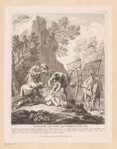 Ragotin durmiendo atado y secuestrado Ragotin lié par les fathers du fol (título sobre objeto) Escenas de Roman Comique de Scarron (título de la serie) de Gabriel Huquier