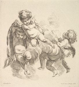 Tres niños entre nubes llevando una cortina de Gabriel Huquier
