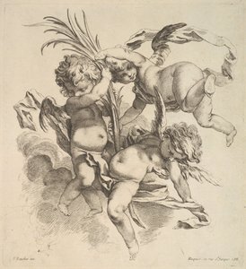 Tres niños entre nubes cerca de una hoja de palma, 1738-45