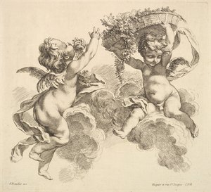 Dos niños, uno sosteniendo una canasta con flores, 1738-45