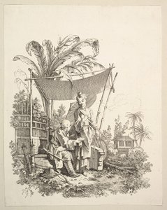 Mujer mostrando curiosidades a un soldado, ca. 1742