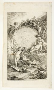 Frontispicio, lámina uno de Recueil de Poésies de Sedaine de Gabriel Jacques de Saint Aubin