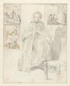Hoja de estudio con una mujer leyendo y algunos bocetos de Gabriel Jacques de Saint Aubin