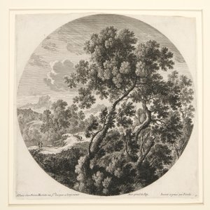 paisaje con dos viajeros y un castillo; y Pastor, Ovejas y Ganado en un Paisaje, de un conjunto de seis paisajes de Gabriel Perelle
