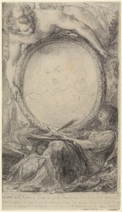 Marco alegórico con un genio y una mujer velada escribiendo, c.1769 (tiza negra sobre papel) de Gabriel de Saint-Aubin