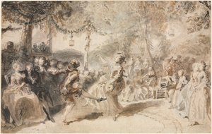Bailarines disfrazados actuando en una taberna jardín de Gabriel de Saint Aubin